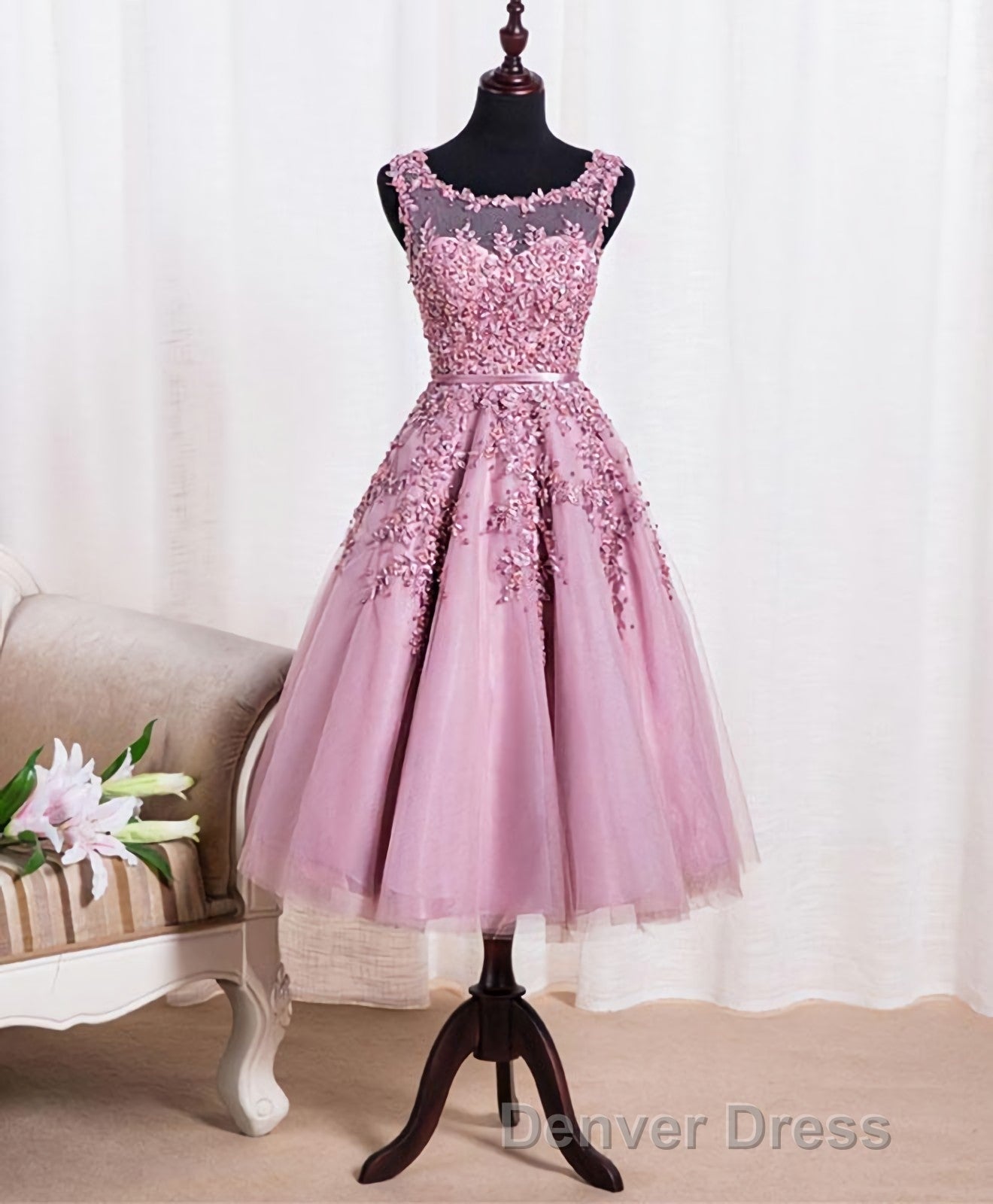Cute Pink Lace Tulle Short Prom Dresses, Pink Evening Dresses