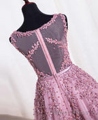 Cute Pink Lace Tulle Short Prom Dresses, Pink Evening Dresses