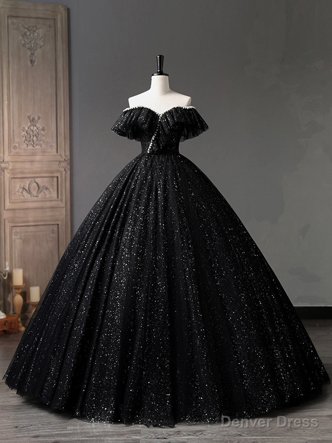 Black Tulle Long A-Line Prom Dress, Shiny Off Shoulder Evening Dress Main image