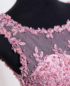 Cute Pink Lace Tulle Short Prom Dresses, Pink Evening Dresses