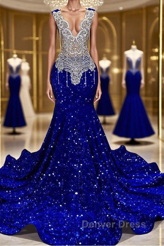 Royal Blue Sleeveless Mermaid Prom Dresses with Beadings and Sequins Main image