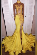 2026 Junoesque Yellow Split Mermaid Trumpet Long Sleeve Satin Prom Dresses