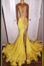 2026 Junoesque Yellow Split Mermaid Trumpet Long Sleeve Satin Prom Dresses