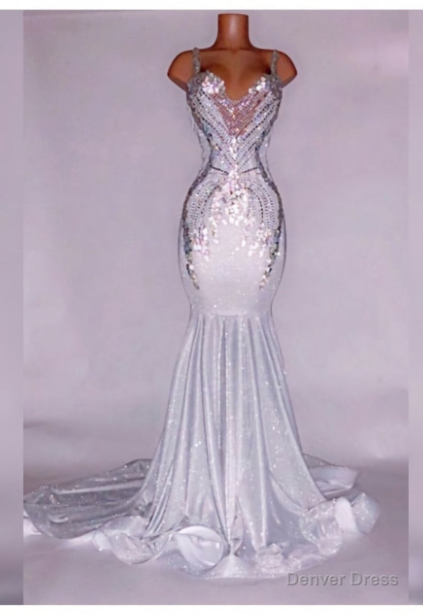 Alluring Silver Satin Beaded Mermaid Prom Dresses Main image