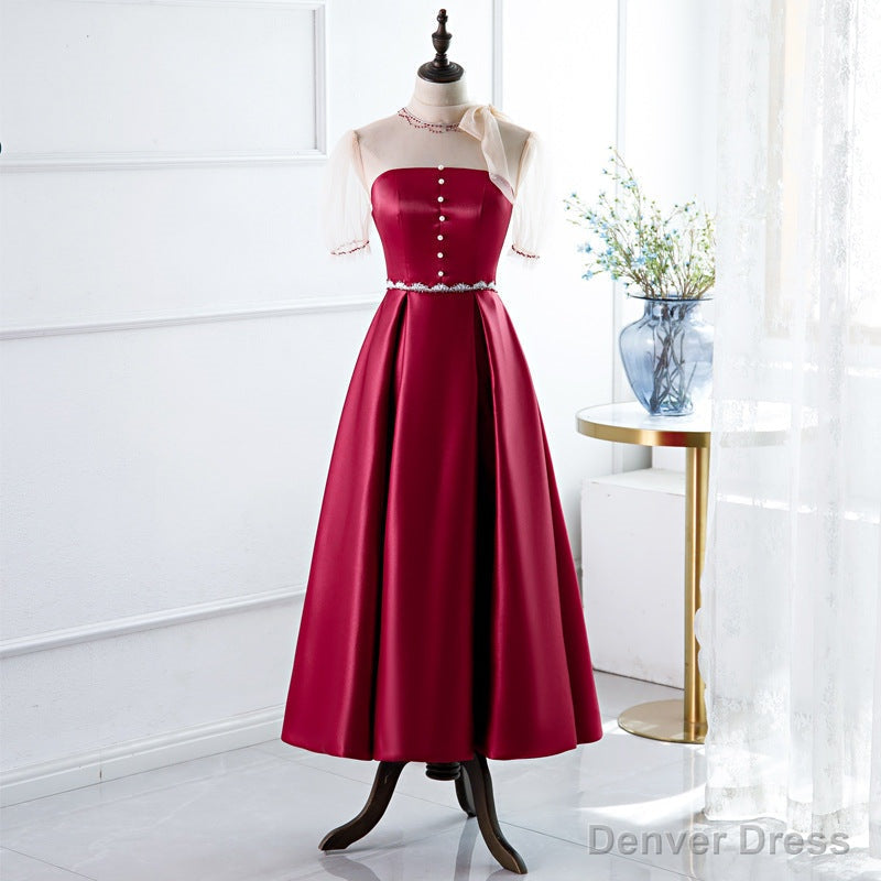 Red A Line Round Neck Prom Dresses with Beading Main image