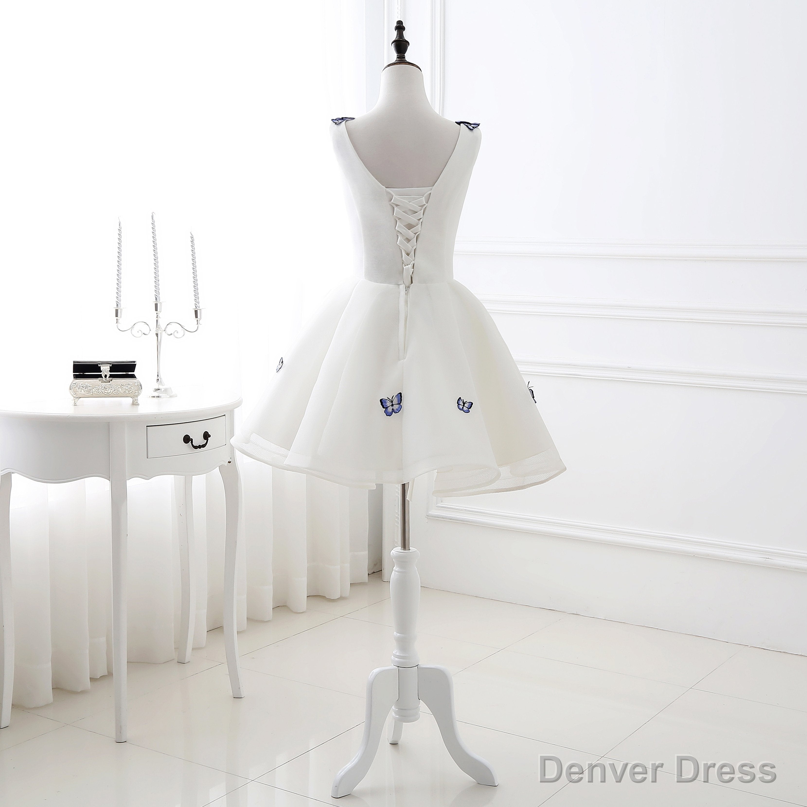 A Line V Neck Sleeveless Appliques Tulle Homecoming Dresses, Short Prom Dresses Main image