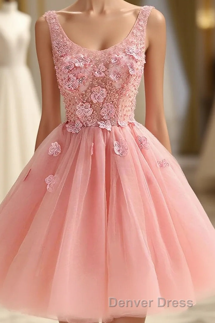 Cute A Line Pink Tulle Pearl Short Prom Dresses, Homecoming Dresses Main image