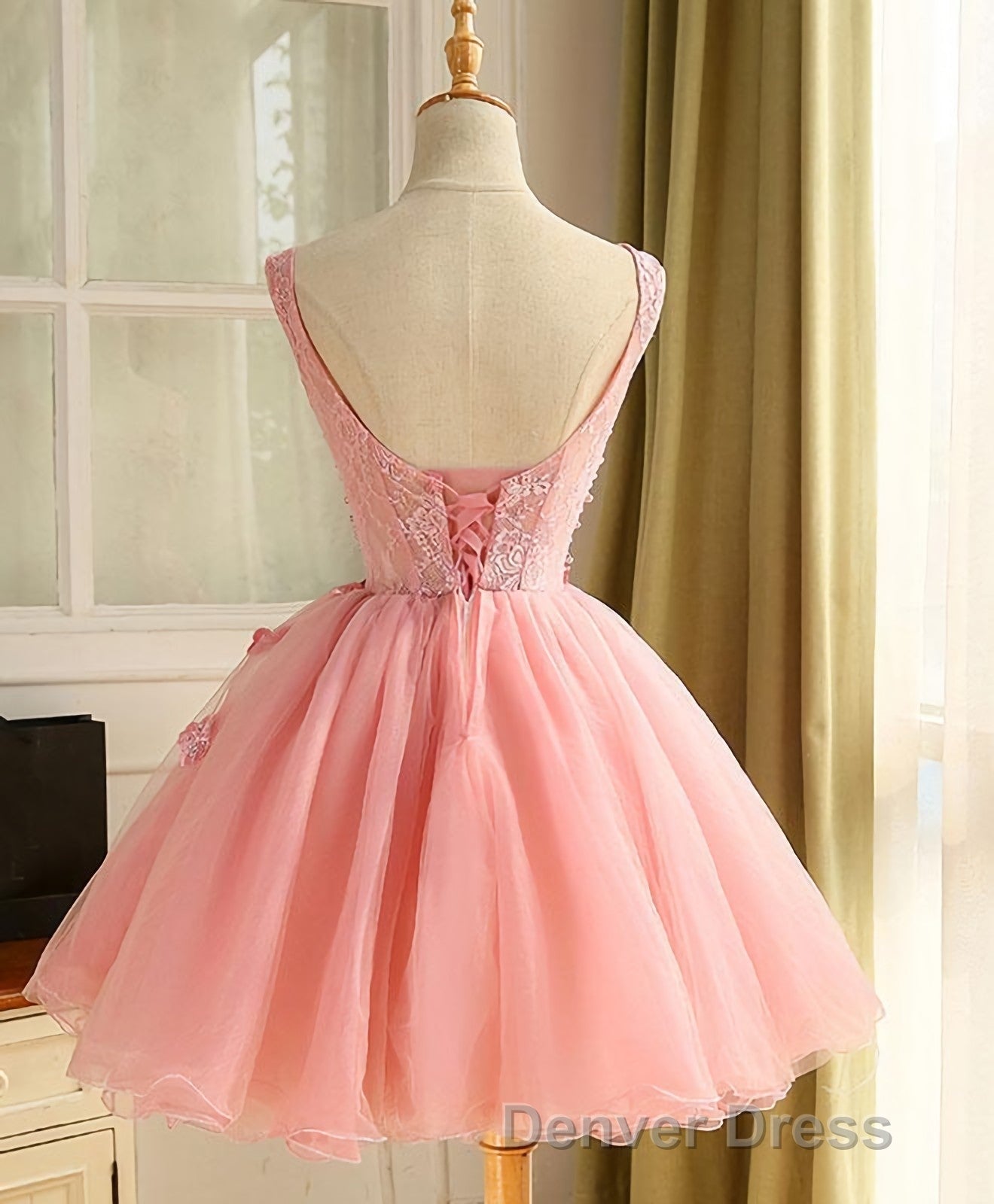 Cute A Line Pink Tulle Pearl Short Prom Dresses, Homecoming Dresses