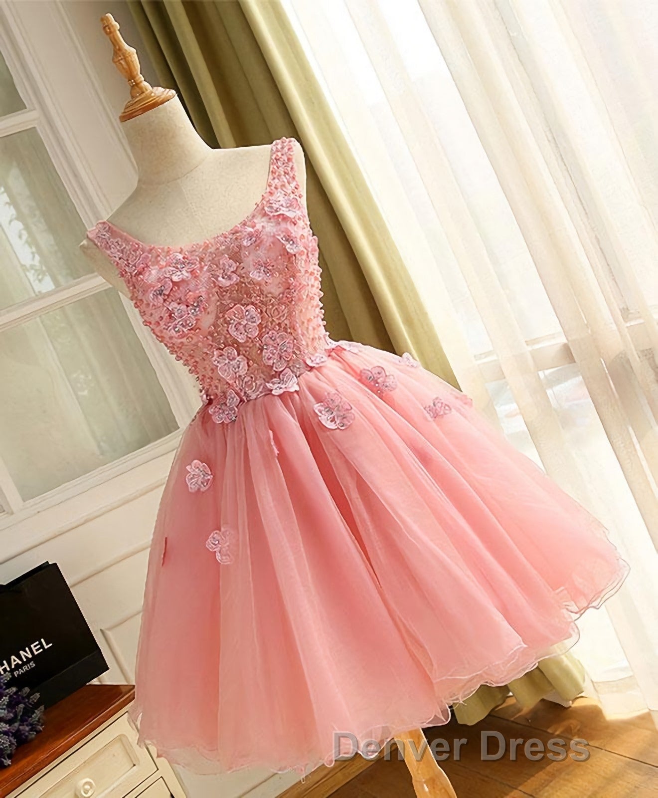 Cute A Line Pink Tulle Pearl Short Prom Dress, Homecoming Dresses Secondary image