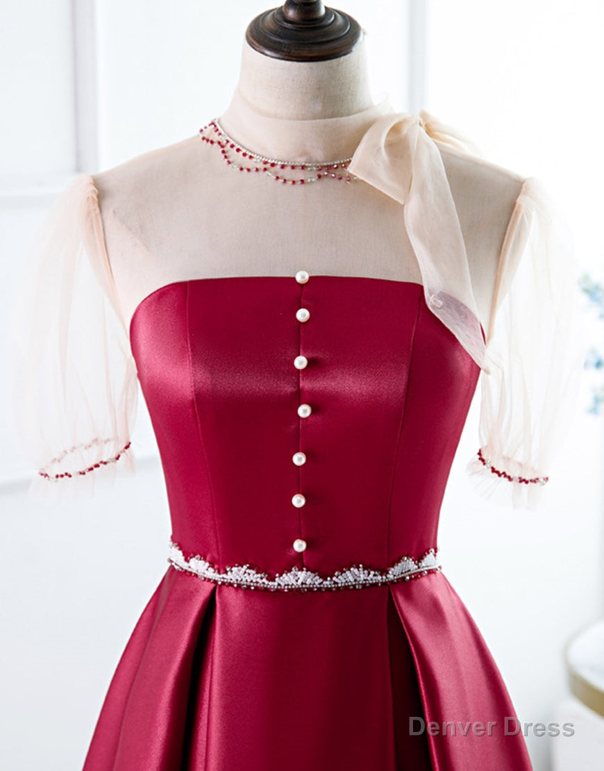 Red A Line Round Neck Prom Dresses with Beading