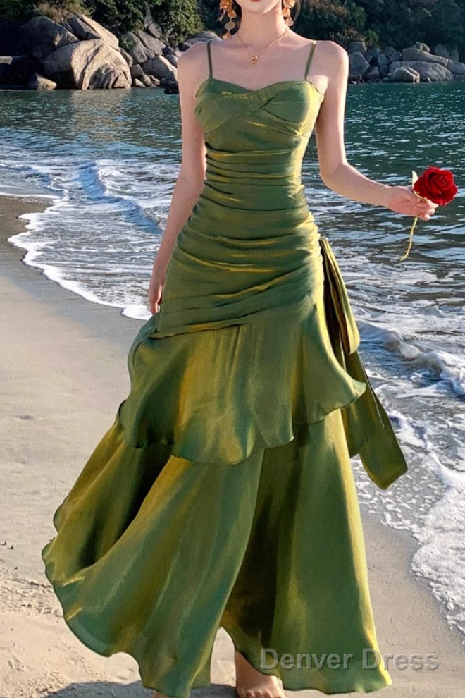A Line Green Prom Dress features spaghetti straps Prom Dresses