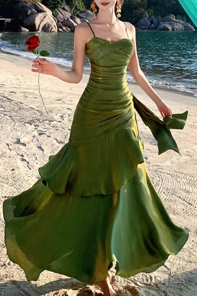 A Line Green Prom Dress features spaghetti straps Prom Dresses Main image