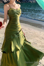 A Line Green Prom Dress features spaghetti straps Prom Dresses