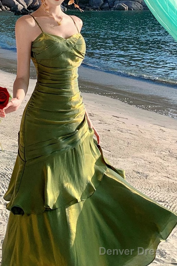 A Line Green Prom Dress features spaghetti straps Prom Dresses
