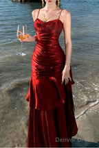 A-Line Burgundy Prom Dress features spaghetti straps Evening Dresses