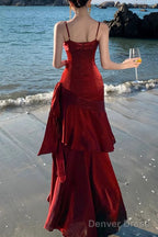 A-Line Burgundy Prom Dress features spaghetti straps Evening Dresses