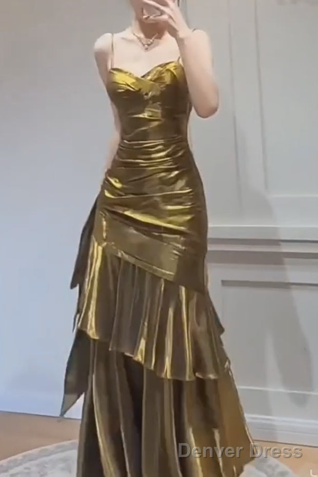 A-Line Gold Prom Dress features spaghetti straps Evening Dresses Secondary image
