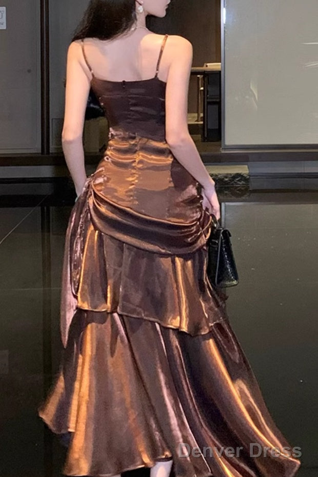 A Line Brown Prom Dress features spaghetti straps Prom Dresses