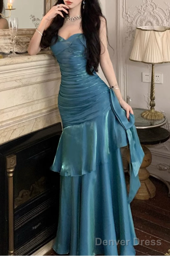 A Line Blue Prom Dress features spaghetti straps Prom Dresses