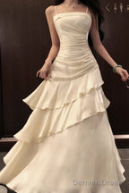 A-Line White Prom Dress features spaghetti straps Evening Dresses