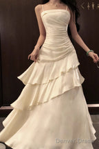 A Line White Prom Dress features spaghetti straps Prom Dresses