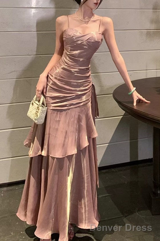 A Line Pink Prom Dress features spaghetti straps Prom Dresses