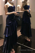 A Line Dark Blue Prom Dress features spaghetti straps Prom Dresses