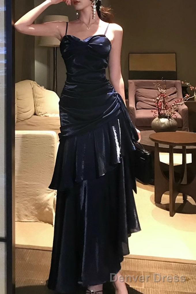 A-Line Dark Blue Prom Dress features spaghetti straps Evening Dresses Main image