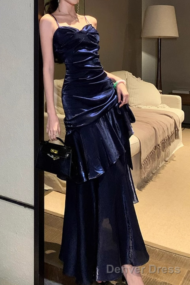 A Line Dark Blue Prom Dress features spaghetti straps Prom Dresses