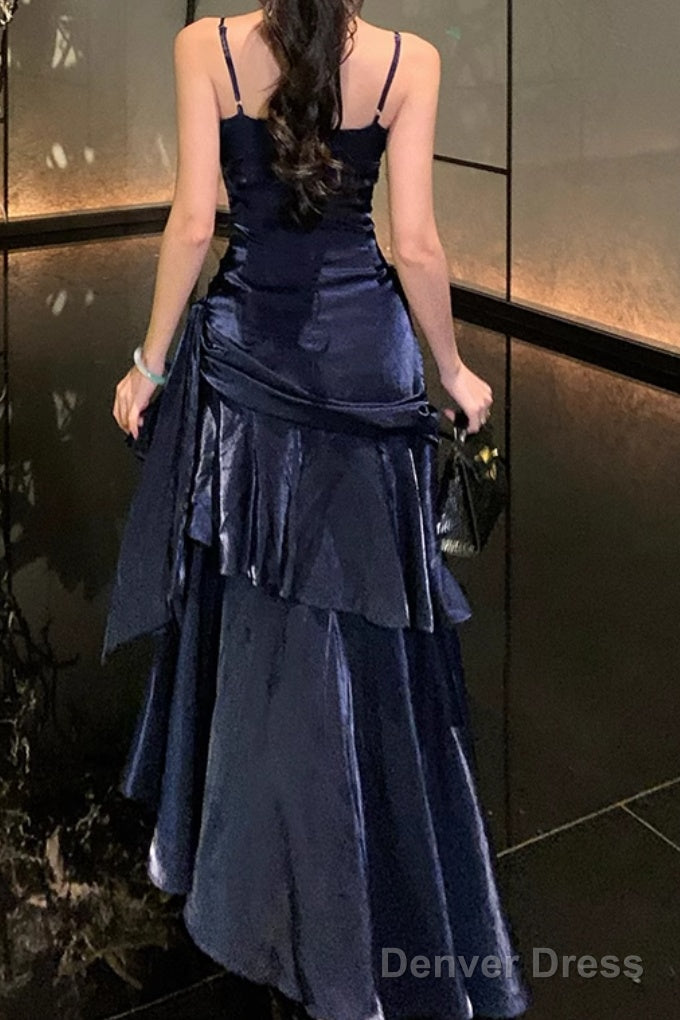 A Line Dark Blue Prom Dress features spaghetti straps Prom Dresses