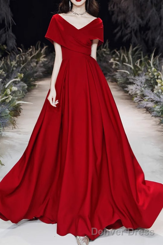 Simple V-neck Short-Sleeve Off Shoulder Long Prom Dress Red A-Line  Evening Dress Main image