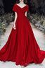 Simple V Neck Short Sleeve Off Shoulder Long Prom Dress Red A Line Prom Dresses