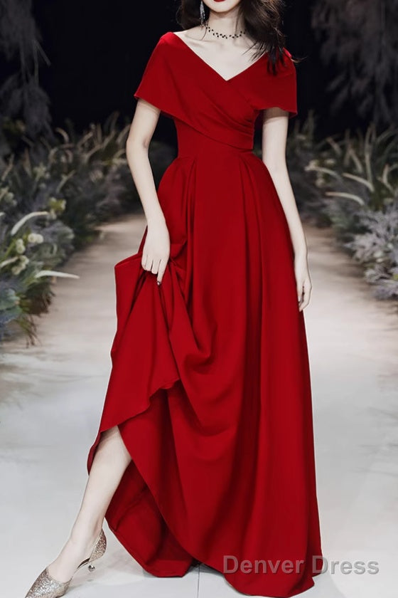 Simple V-neck Short-Sleeve Off Shoulder Long Prom Dress Red A-Line  Evening Dress Secondary image