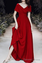 Simple V Neck Short Sleeve Off Shoulder Long Prom Dress Red A Line Prom Dresses