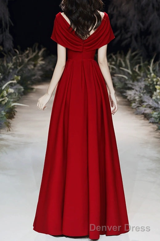 Simple V Neck Short Sleeve Off Shoulder Long Prom Dress Red A Line Prom Dresses