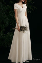 Simple V-neck Short-Sleeve Off Shoulder Long Prom Dress White A-Line  Evening Dress