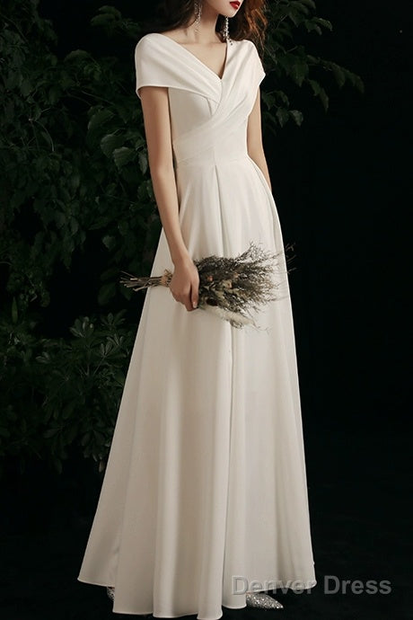 Simple V-neck Short-Sleeve Off Shoulder Long Prom Dress White A-Line  Evening Dress