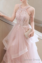 Pretty Sequin Ruffle Off Shoulder Prom Dress Light Pink Princess Halter Neck Maxi Dress