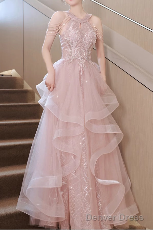 Pretty Sequin Ruffle Off Shoulder Prom Dress Light Pink Princess Halter Neck Maxi Dress Main image