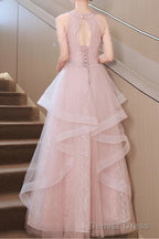 Pretty Sequin Ruffle Off Shoulder Prom Dress Light Pink Princess Halter Neck Maxi Dress