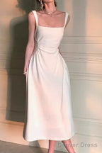 Sleeveless Square Neck Homecoming Dress Ruched A-Line Midi Dress