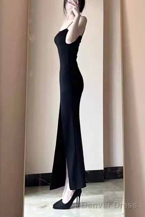 Black Split Hip Long Prom Dress Spaghetti Strap Maxi Dress Main image