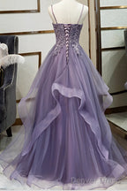Purple Tulle A Line V Neck Spaghetti Straps Prom Dresses With Lace Appliques