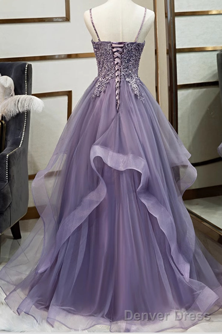 Purple Tulle A Line V Neck Spaghetti Straps Prom Dresses With Lace Appliques