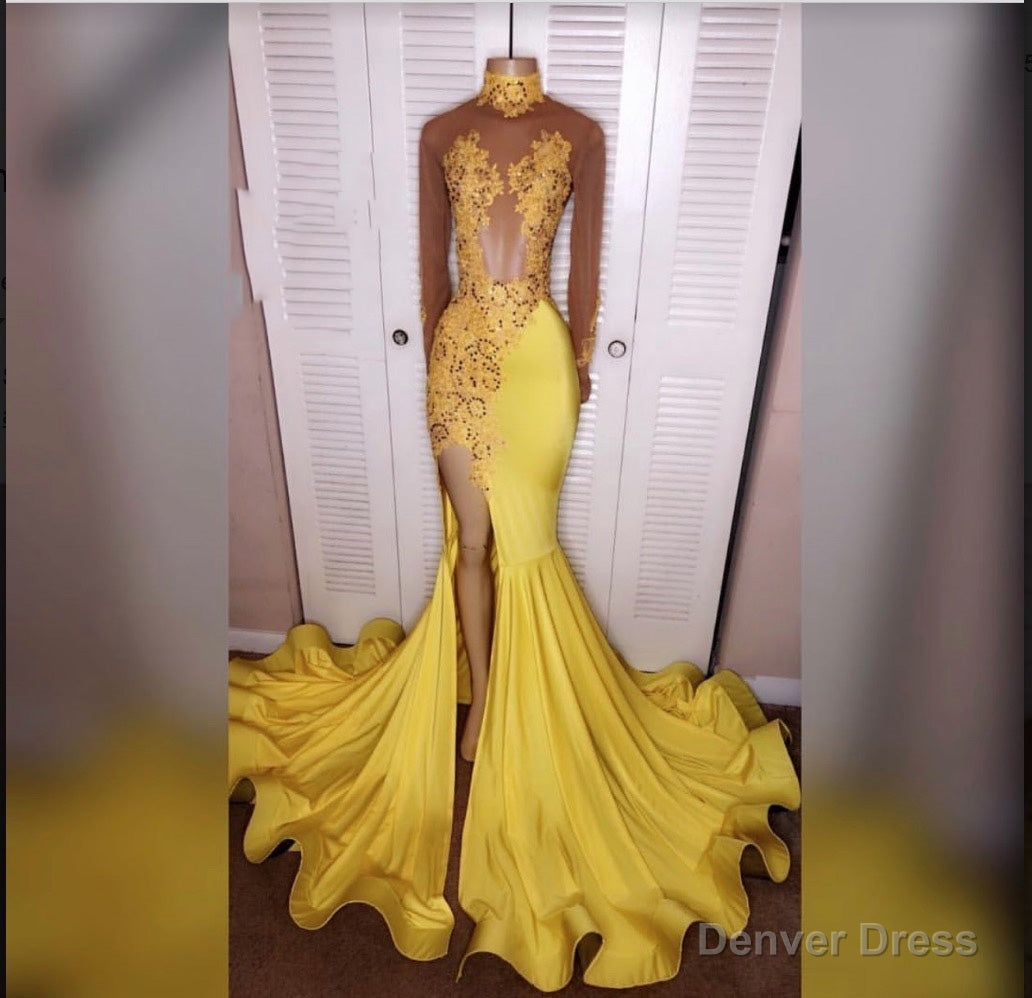 2026 Junoesque Yellow Split Mermaid Trumpet Long Sleeve Satin Prom Dresses Main image
