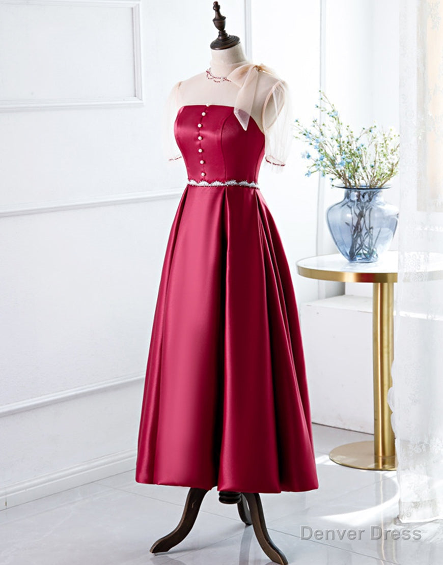 Red A Line Round Neck Prom Dresses with Beading