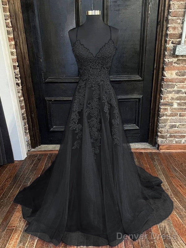 A Line V Neck Sweep Train Tulle Prom Dresses With Appliques Lace