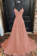 A Line V Neck Sweep Train Tulle Prom Dresses With Appliques Lace