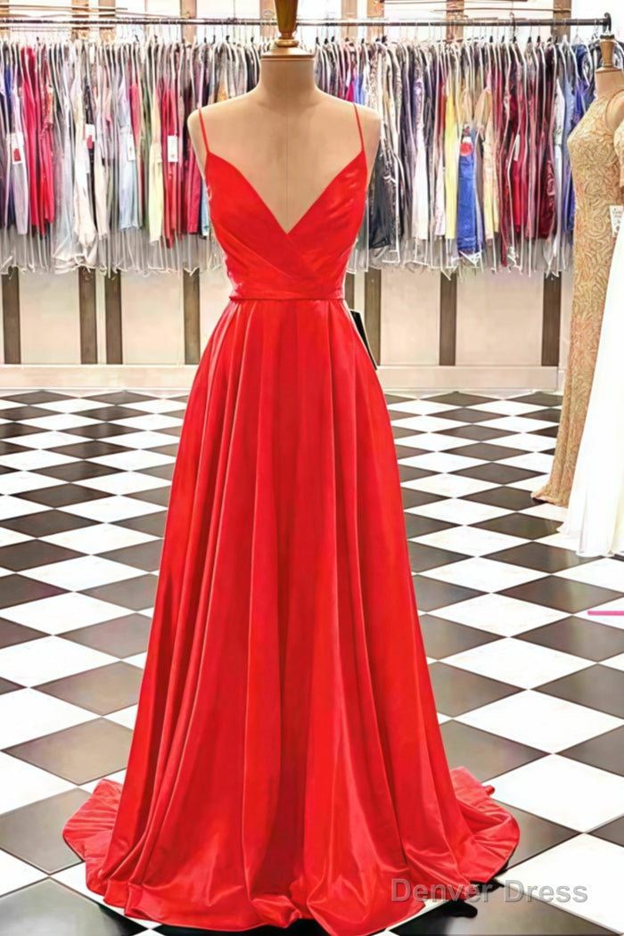 A Line V Neck Spaghetti Straps Sweep Train Charmeuse Prom Dresses With Pleated