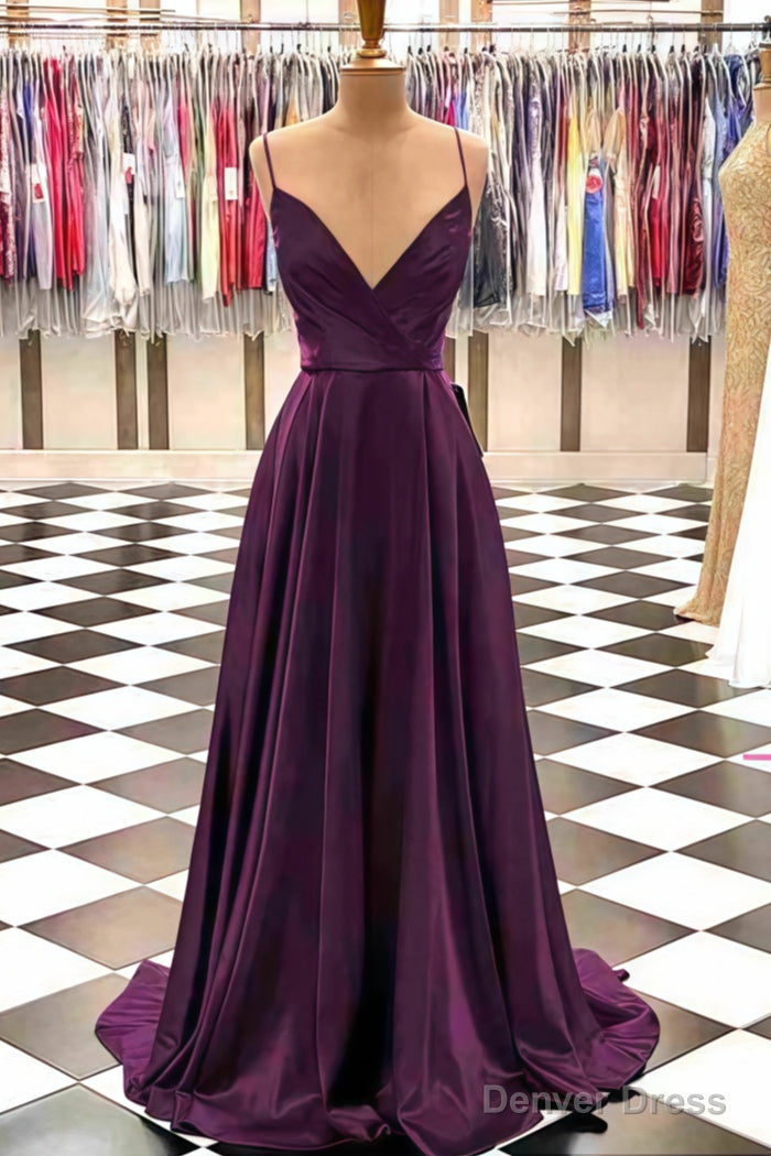 A Line V Neck Spaghetti Straps Sweep Train Charmeuse Prom Dresses With Pleated